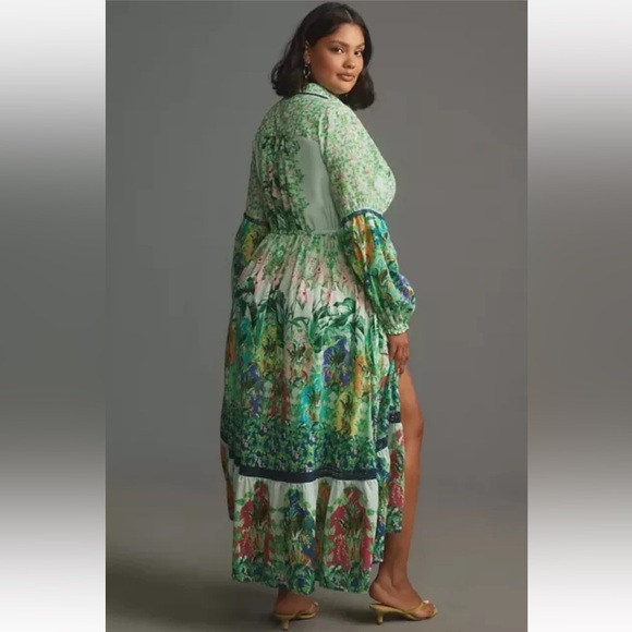 Anthropologie Eleanora Long-Sleeve Printed Maxi Shirt Dress green XL new!! - Picture 2 of 10